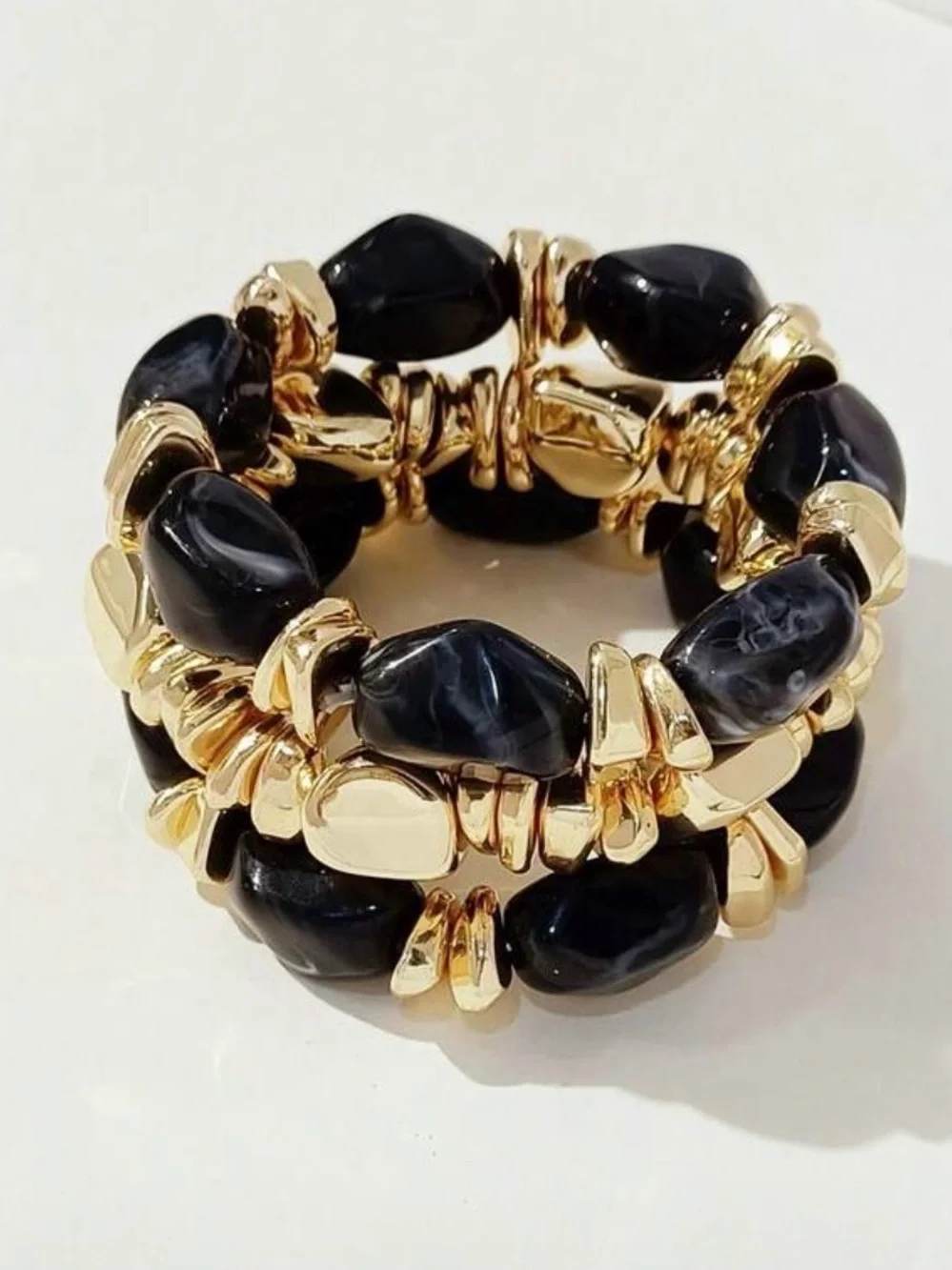 3pcs Gold & Black Bead Stretch Bracelet-retro tick Bohemian multi layer